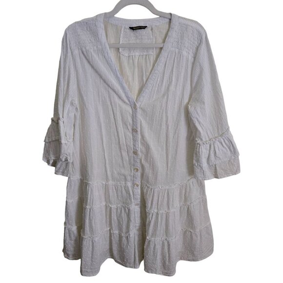 Spiaggia Dolce White Swiss Dot 3/4 Tiered Sleeve Lightweight Mini Dress Size L - Picture 1 of 6